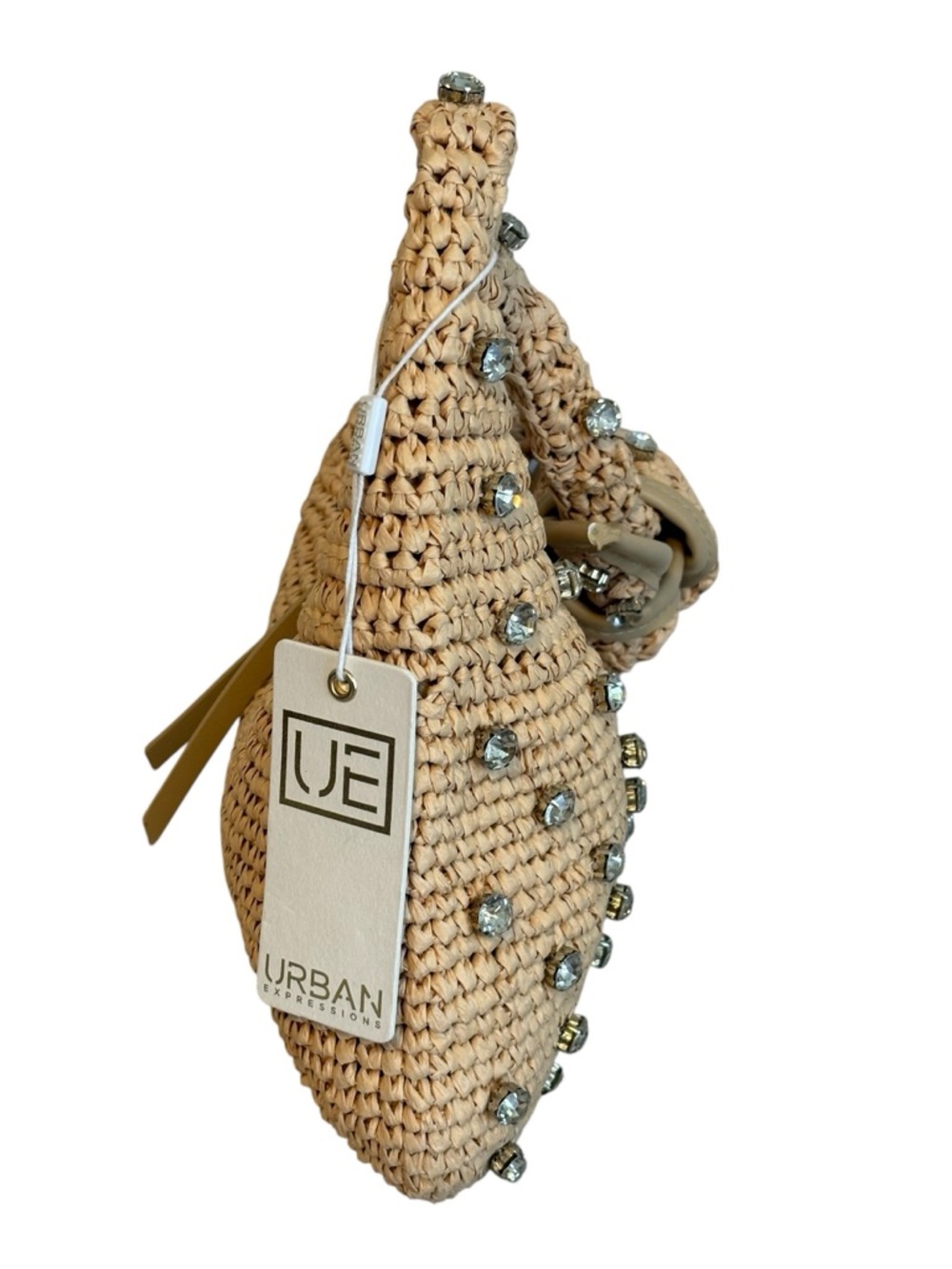 Urban Expressions Jessa Raffia Shoulder Bag Crystal Embellished Tan New - Picture 4 of 6